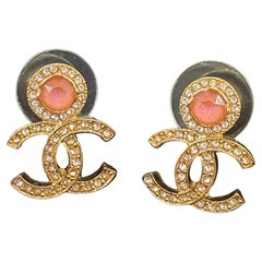 CHANEL Gold Pink Crystal CC Stud Earrings