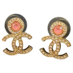 CHANEL Gold Pink Crystal CC Stud Earrings