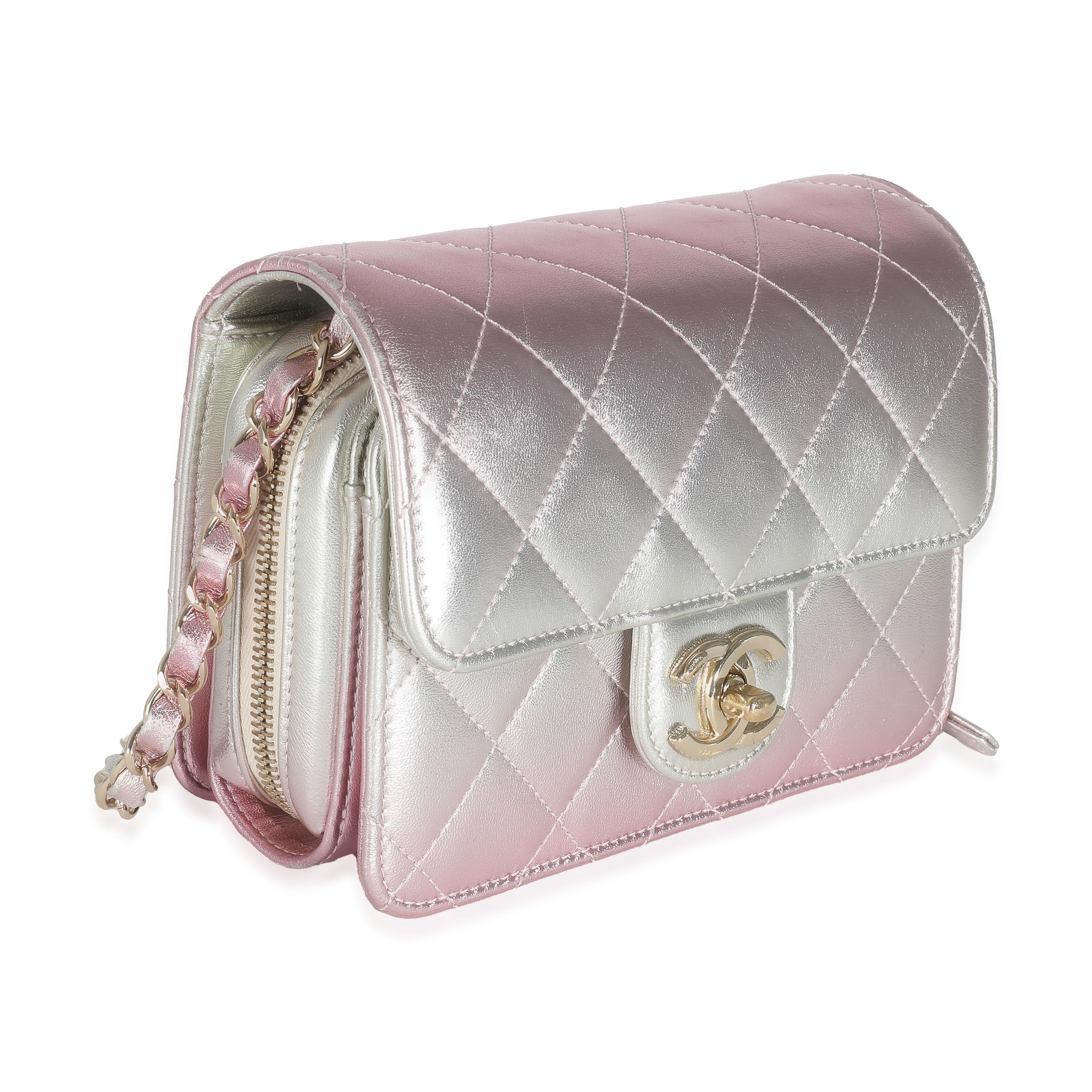 Gray Chanel Gold Pink Ombre Metallic Lambskin Like A Wallet Flap Bag For Sale