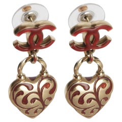 Chanel Gold-Plated  2009 Red Enamel CC Heart Earrings