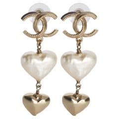 Chanel Gold-Plated  2022 Faux Heart Pearls & CC Drop Earrings