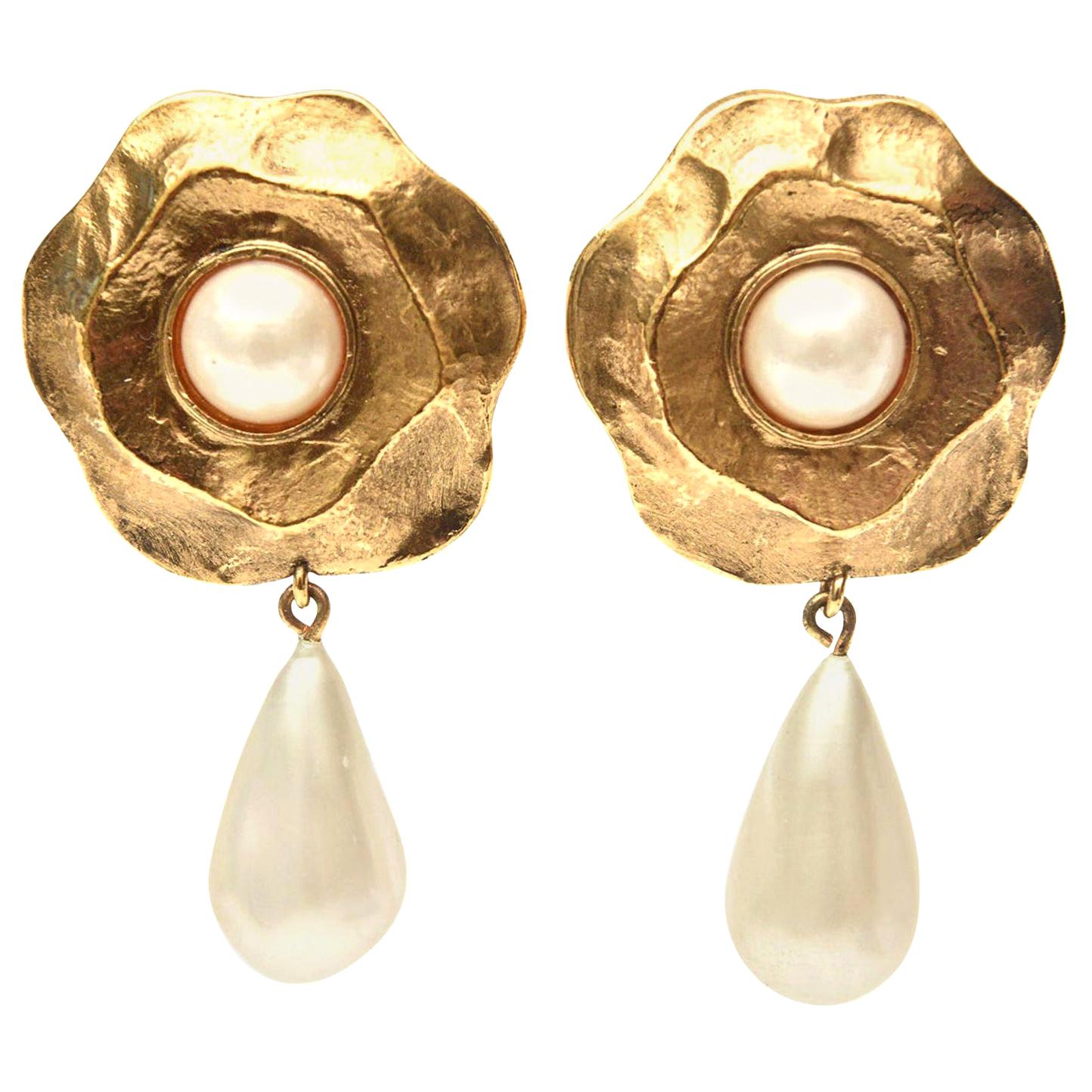 Chanel Gold Plated and Faux Pearl Flower Dangle Clip On Earrings