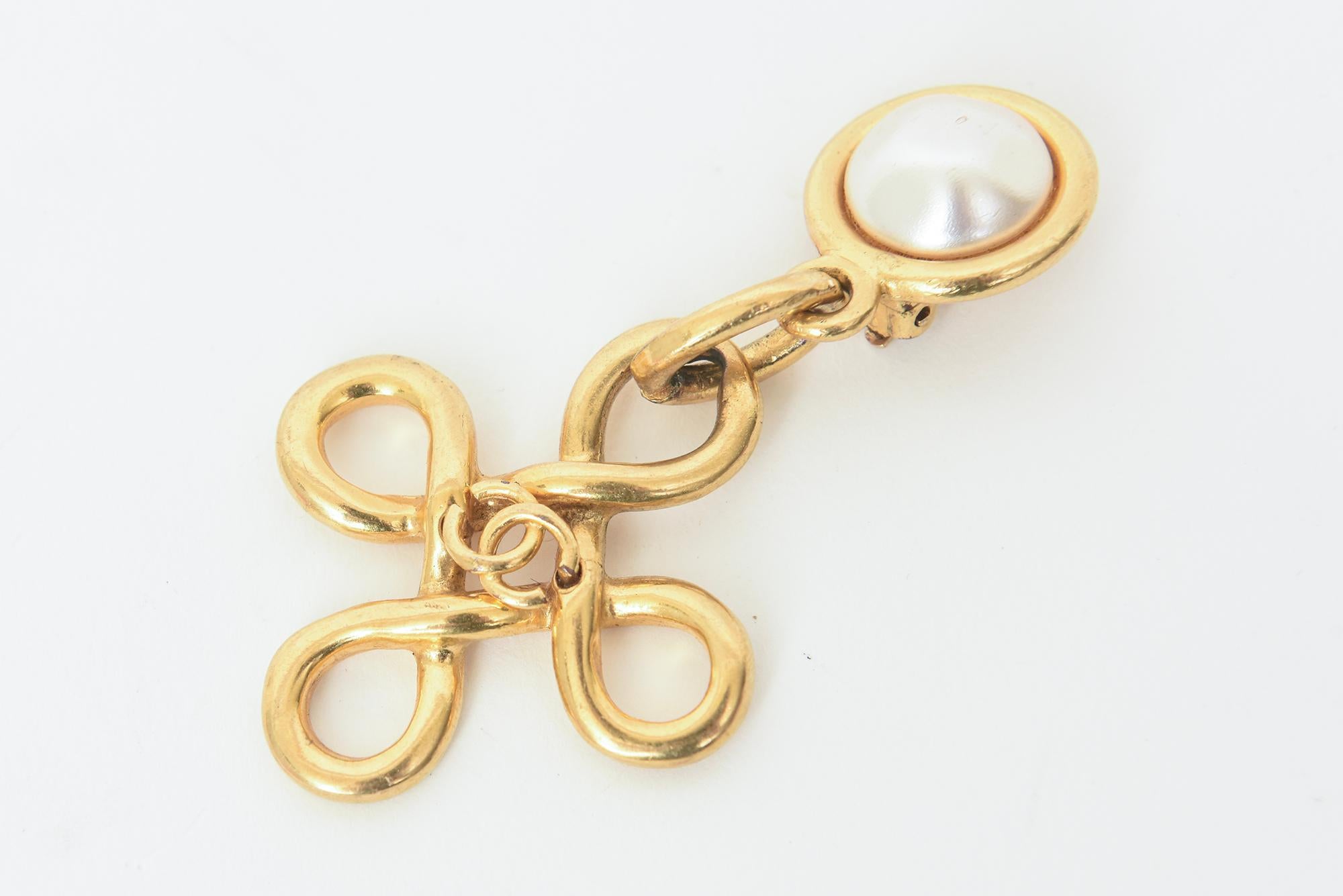 Modern Chanel Gold Plated and Faux Pearl Vintage Clip on Dangle Earrings For Sale