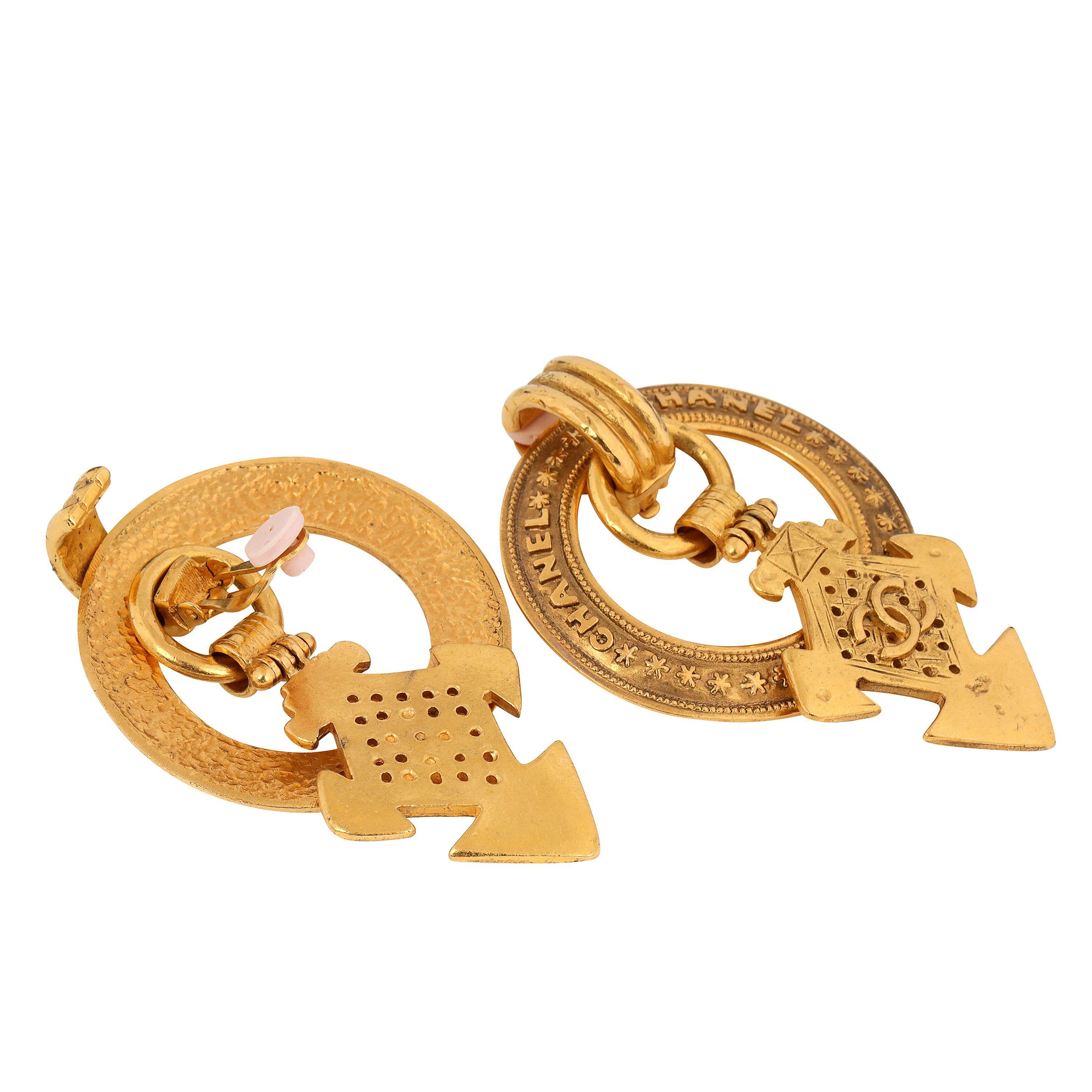 Chanel Gold Plated Aztec Cross Hoop Vintage Earrings In Good Condition For Sale In Palm Beach, FL
