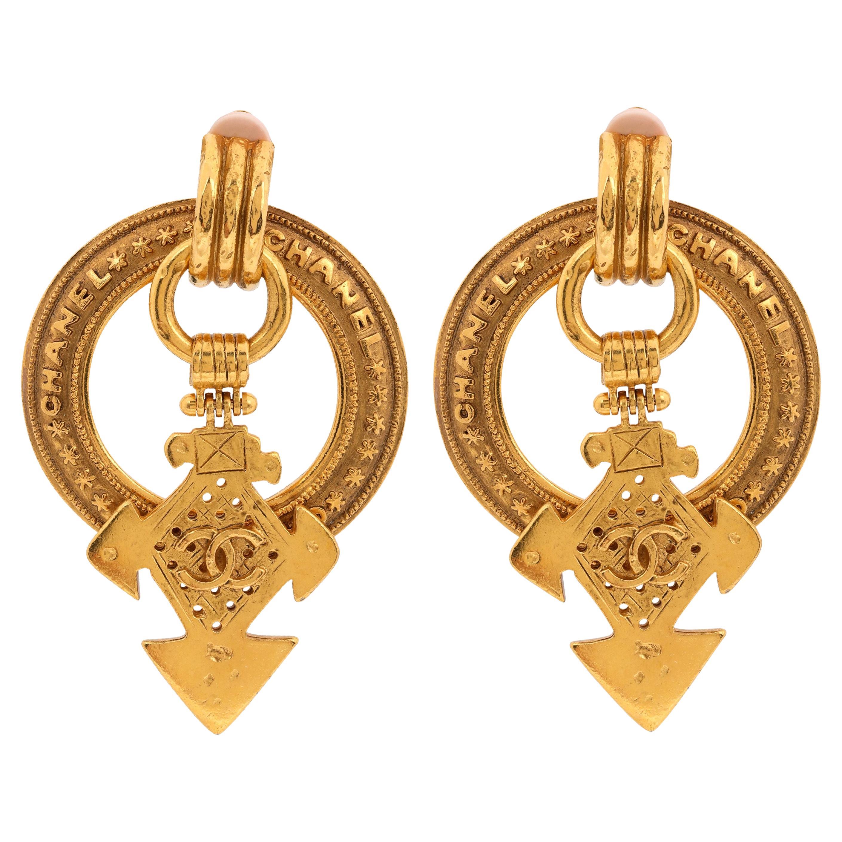 Chanel Gold Plated Aztec Cross Hoop Vintage Earrings For Sale