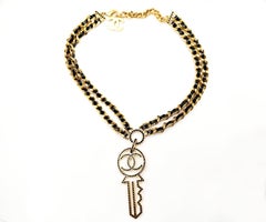 Chanel Gold Plated CC Black Crystal Double Leather Chain Necklace