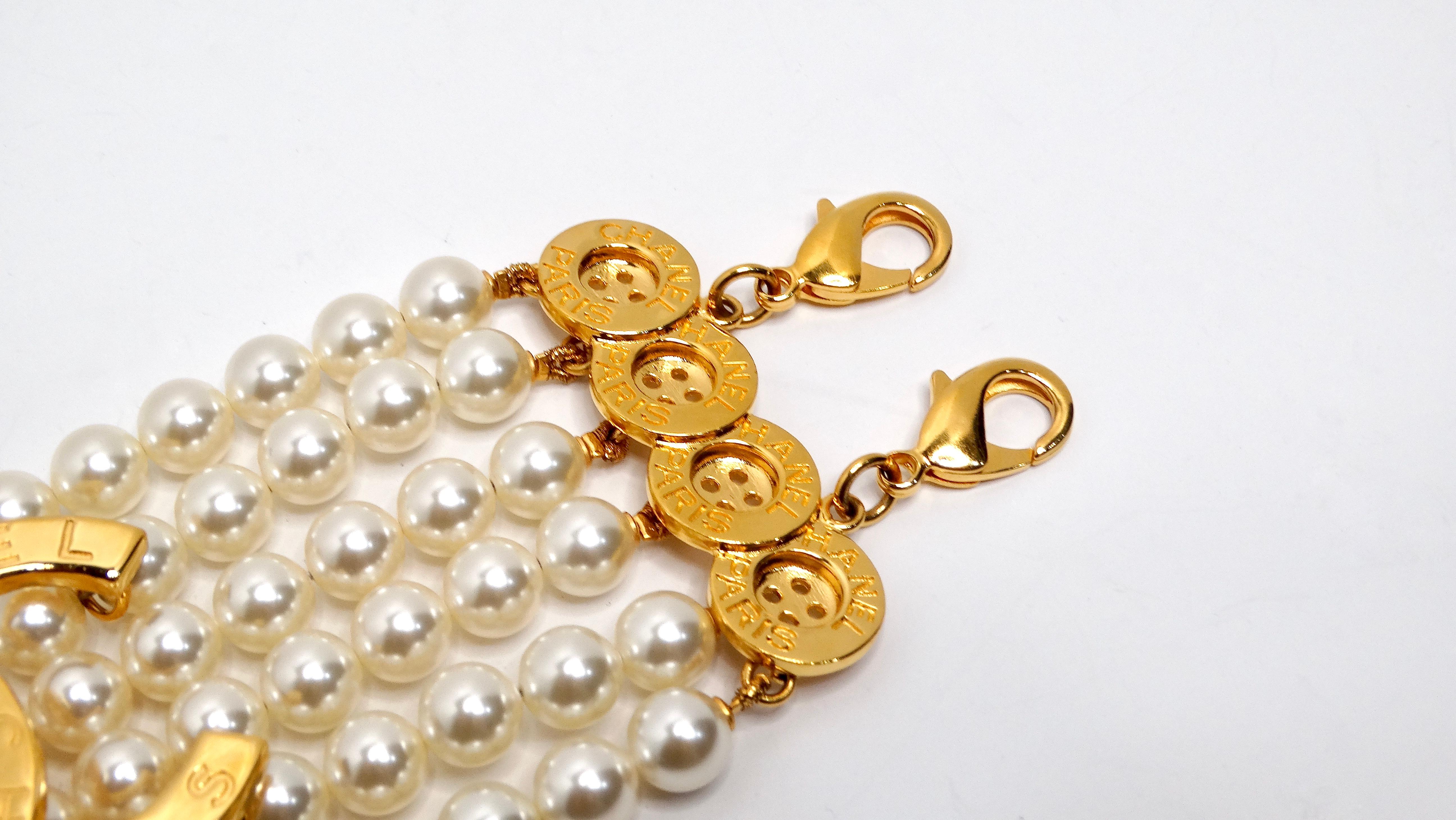 Chanel Gold Plated CC & Button Detail 6-Strand Pearl Bracelet In Excellent Condition In Scottsdale, AZ