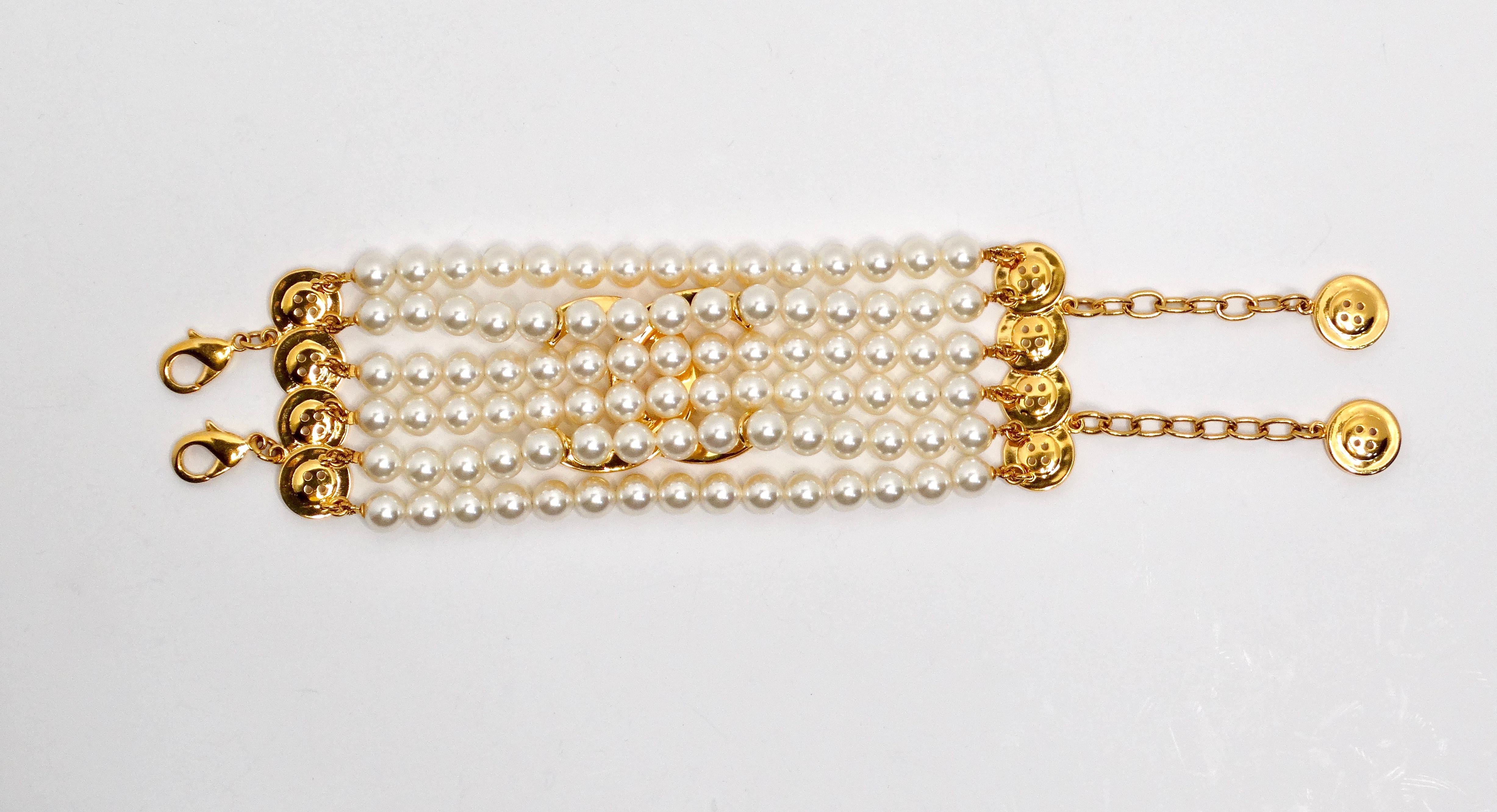 Chanel Gold Plated CC & Button Detail 6-Strand Pearl Bracelet 2