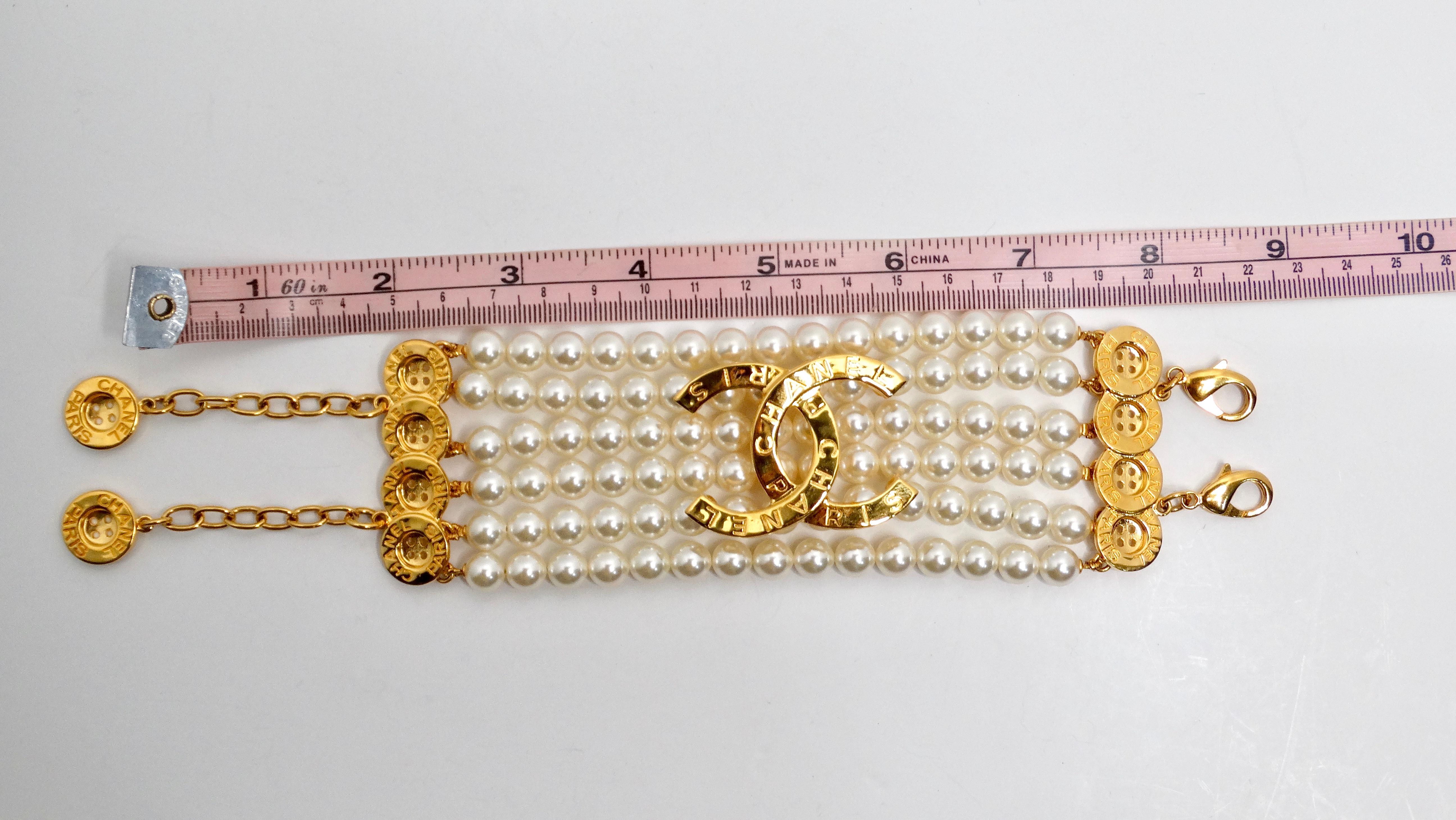 Chanel Gold Plated CC & Button Detail 6-Strand Pearl Bracelet 3