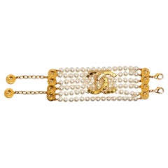 Chanel Gold Plated CC & Button Detail 6-Strand Pearl Bracelet