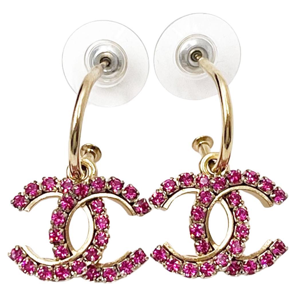 Chanel Gold Plated  CC Fuchsia Crystal Hoop Piercing Earrings  