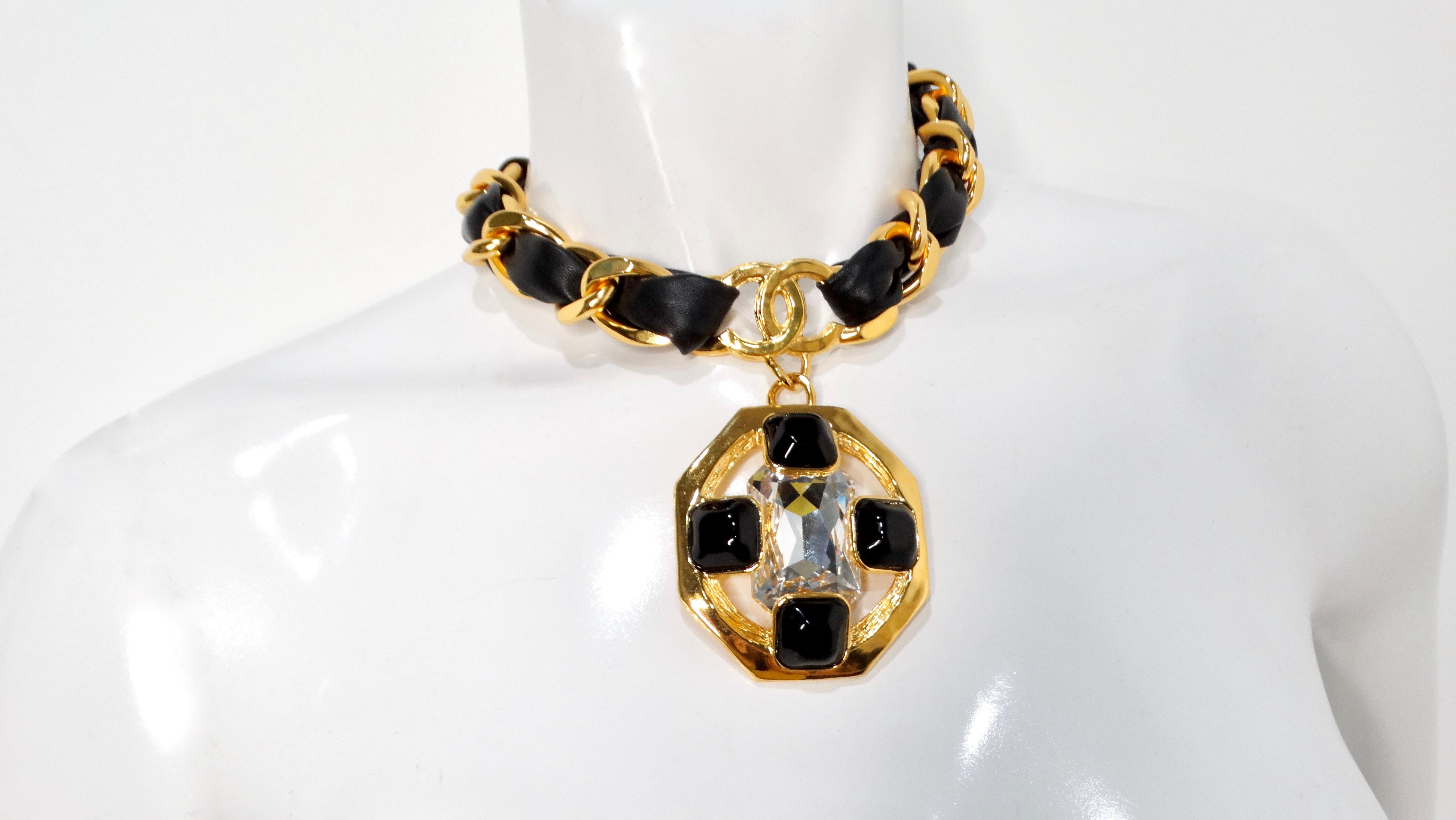 Emerald Cut Chanel Gold Plated CC Gripoix & Crystal Pendant Leather Choker
