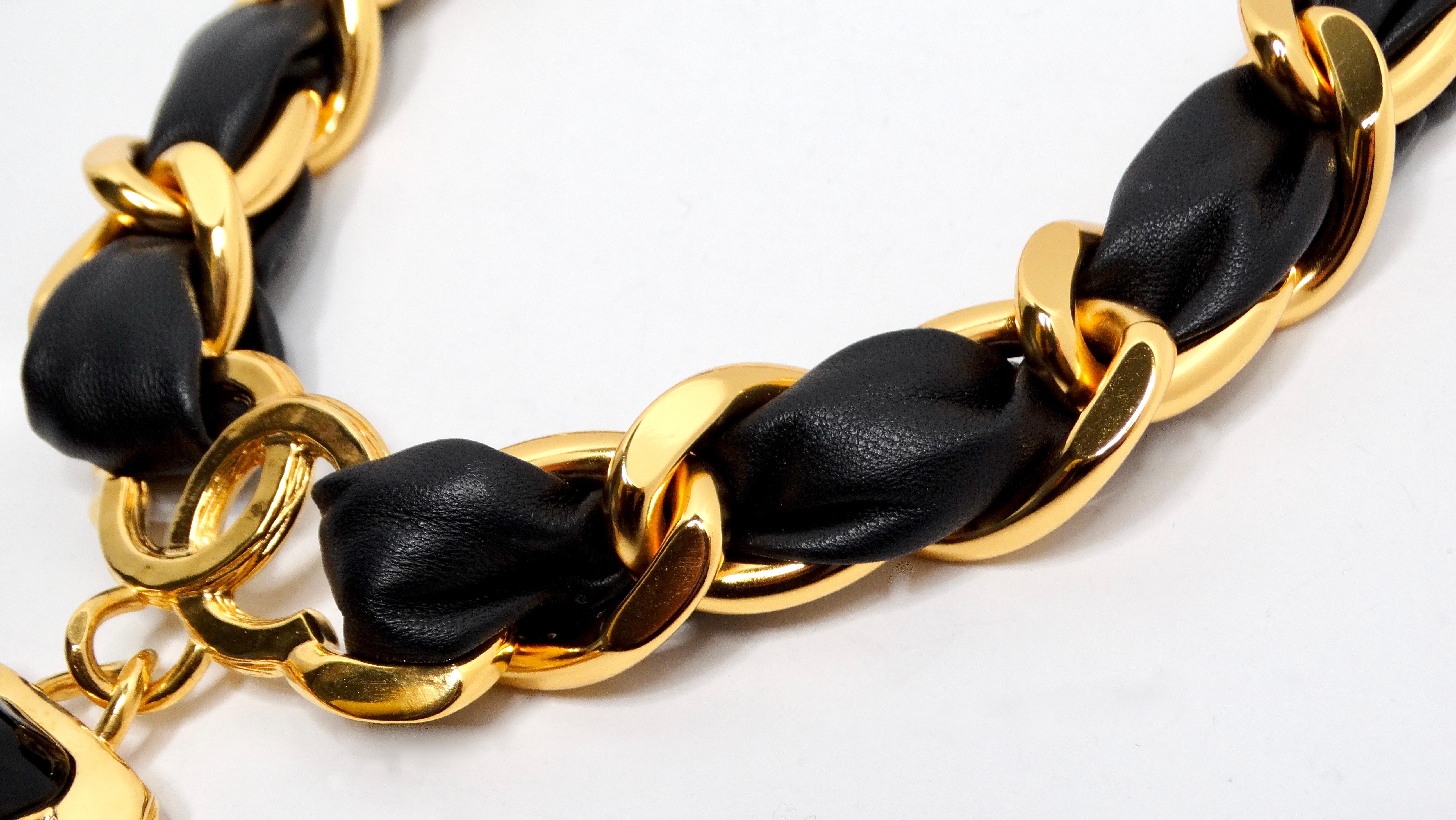 Chanel Gold Plated CC Gripoix & Crystal Pendant Leather Choker In Excellent Condition In Scottsdale, AZ