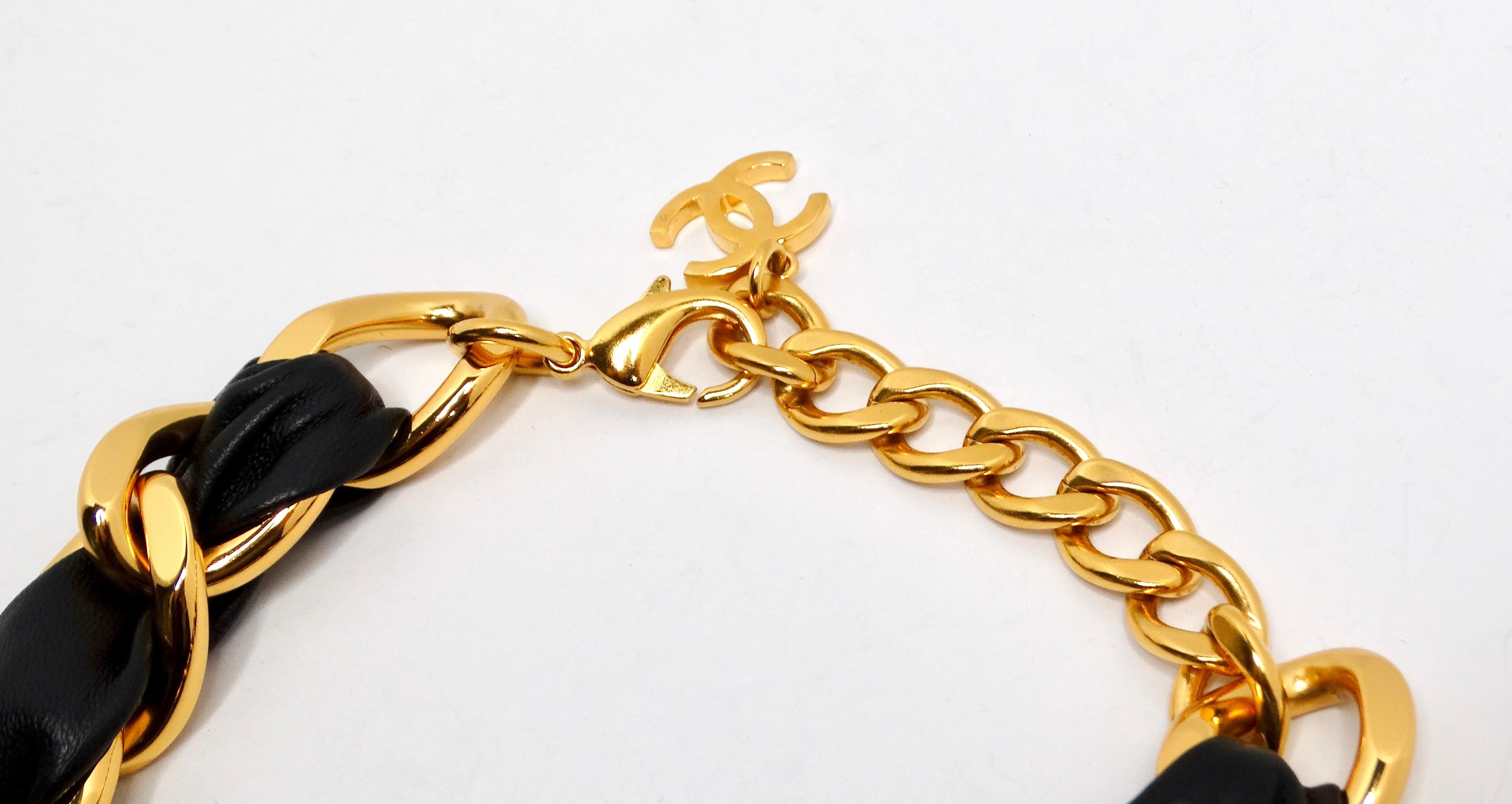 Women's Chanel Gold Plated CC Gripoix & Crystal Pendant Leather Choker