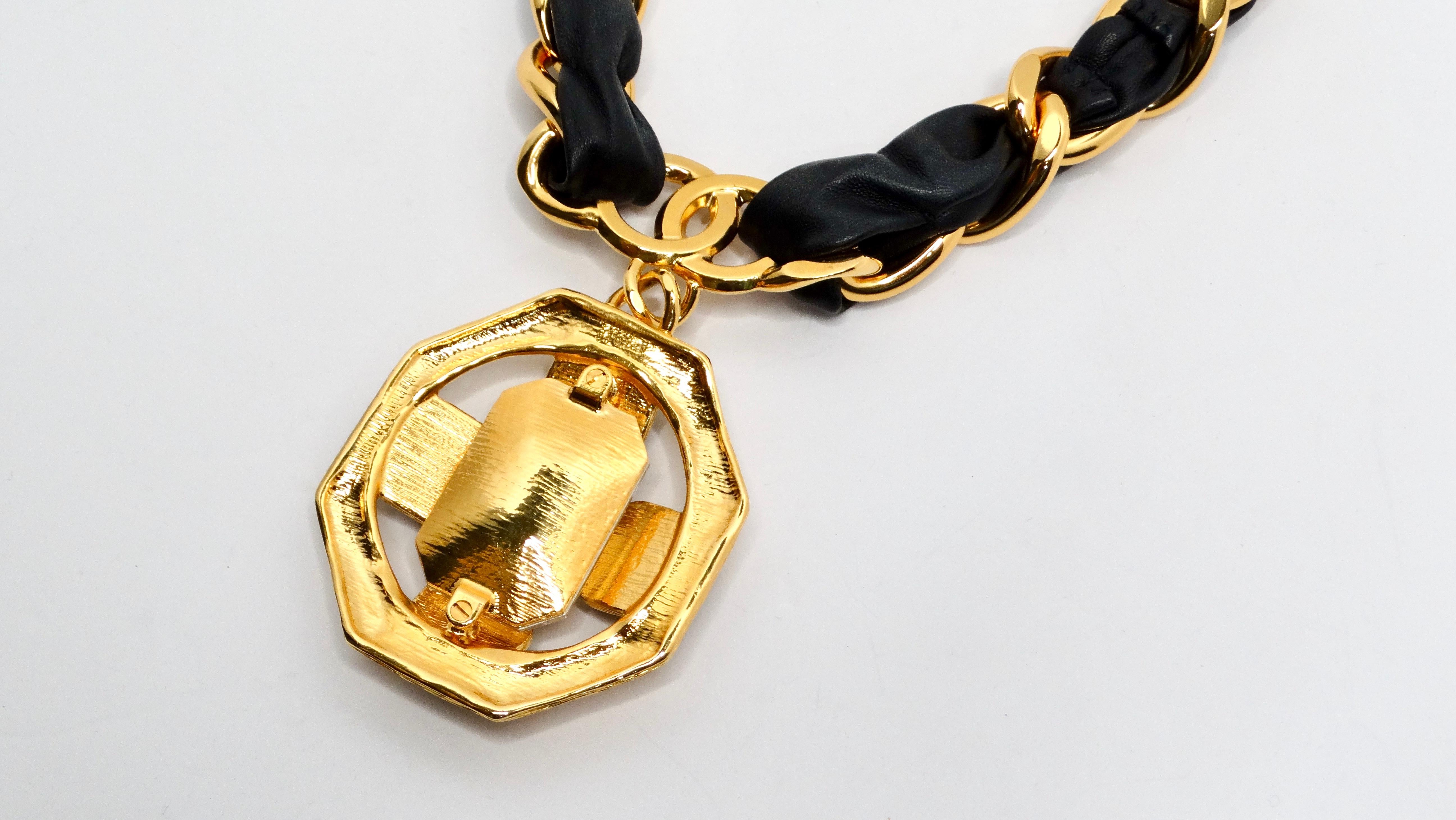Chanel Gold Plated CC Gripoix & Crystal Pendant Leather Choker 1