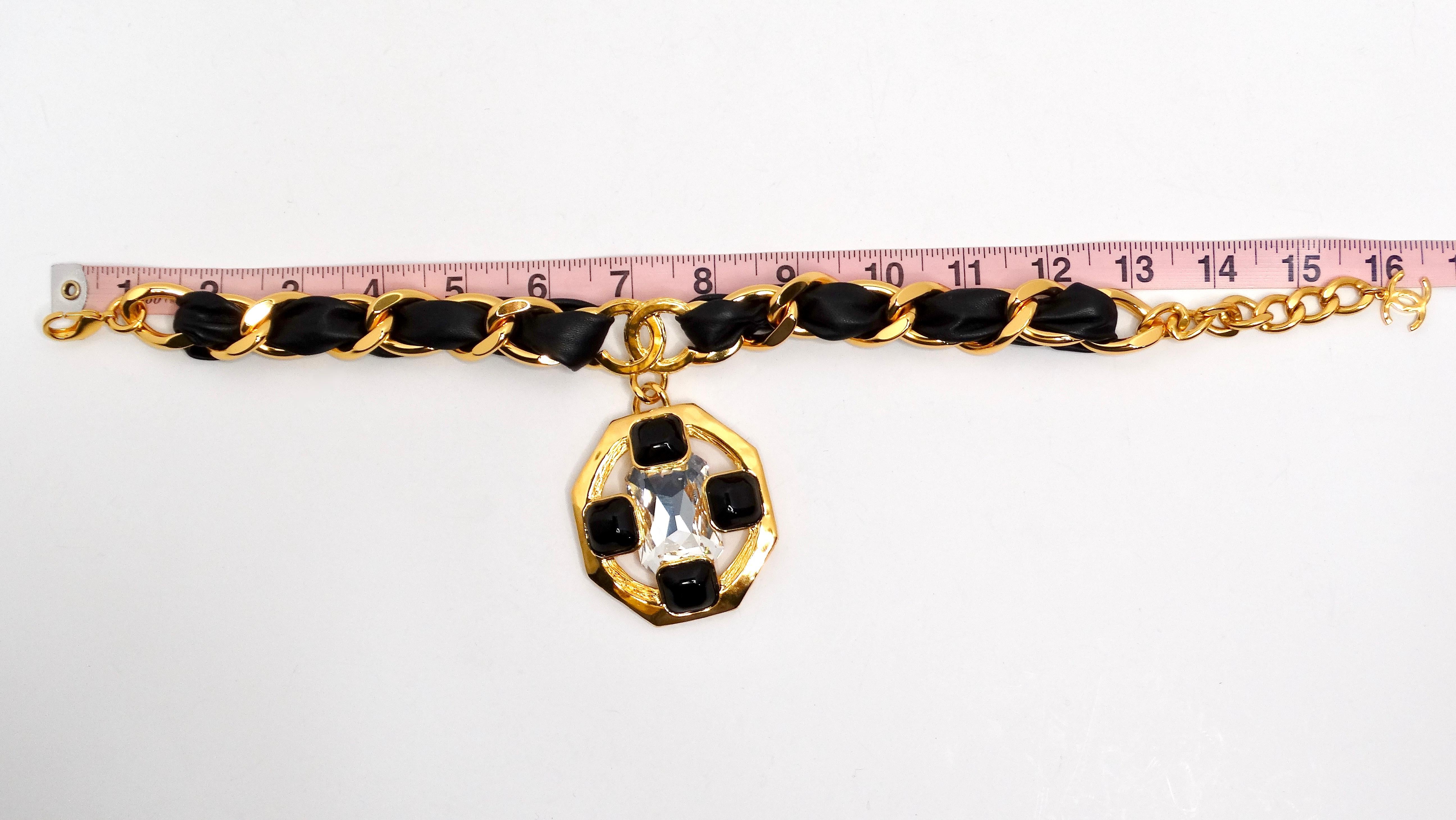 Chanel Gold Plated CC Gripoix & Crystal Pendant Leather Choker 3