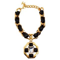 Chanel Gold Plated CC Gripoix & Crystal Pendant Leather Choker