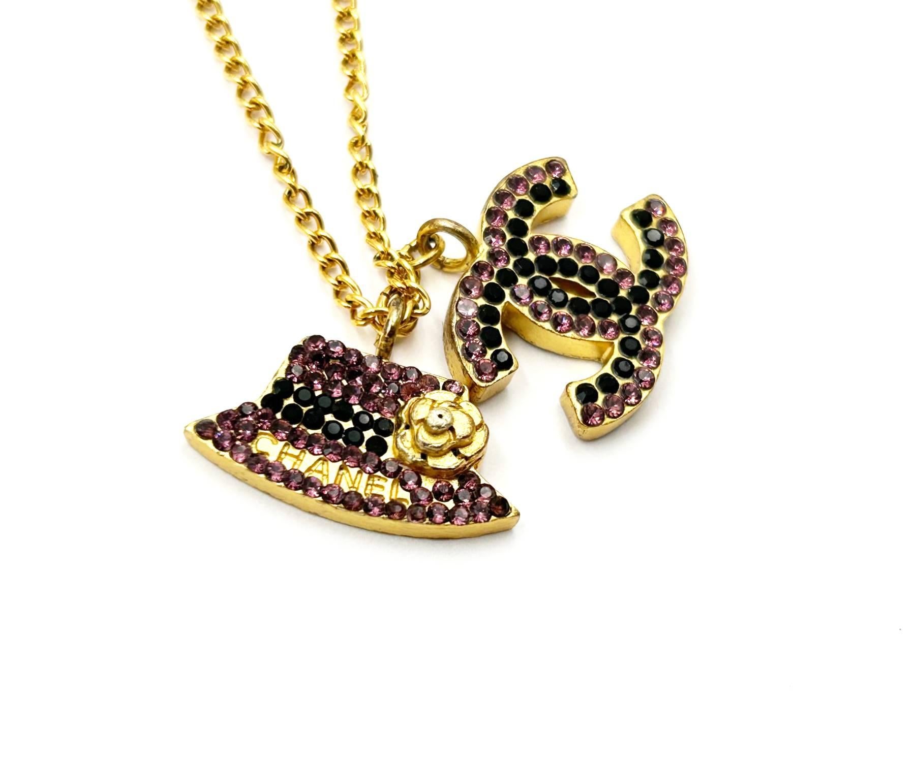 Artisan Chanel Gold Plated CC Hat Black Fuchsia Crystal Necklace For Sale