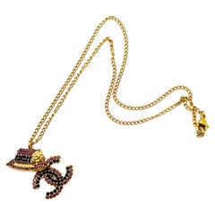 Chanel Gold Plated CC Hat Black Fuchsia Crystal Necklace
