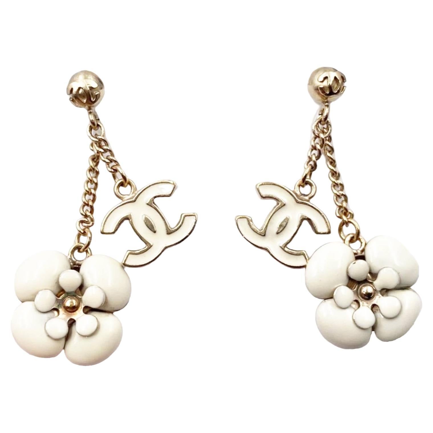 Chanel Gold Plated CC Ivory Camellia Flower Dangle Piercing