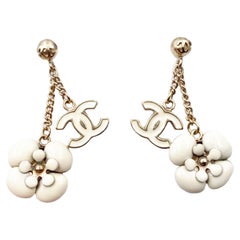 Chanel Gold Plated CC Ivory Camellia Flower Dangle Piercing Earrings