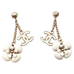 Chanel Gold Plated CC Ivory Camellia Flower Dangle Piercing Earrings 