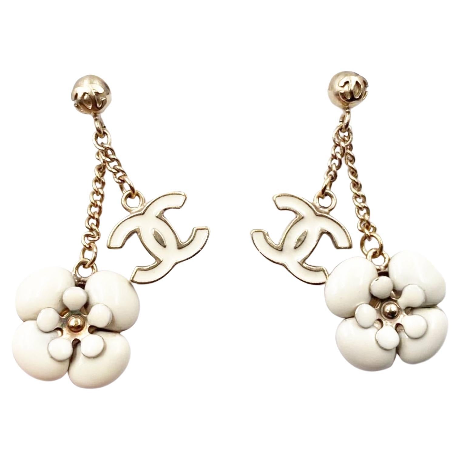 Chanel Gold Plated CC Ivory Camellia Flower Dangle Piercing Earrings 