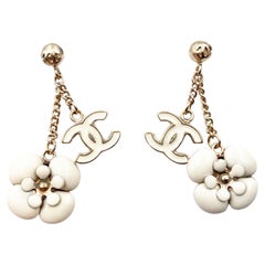 Chanel Gold Plated CC Ivory Camellia Flower Dangle  Earrings