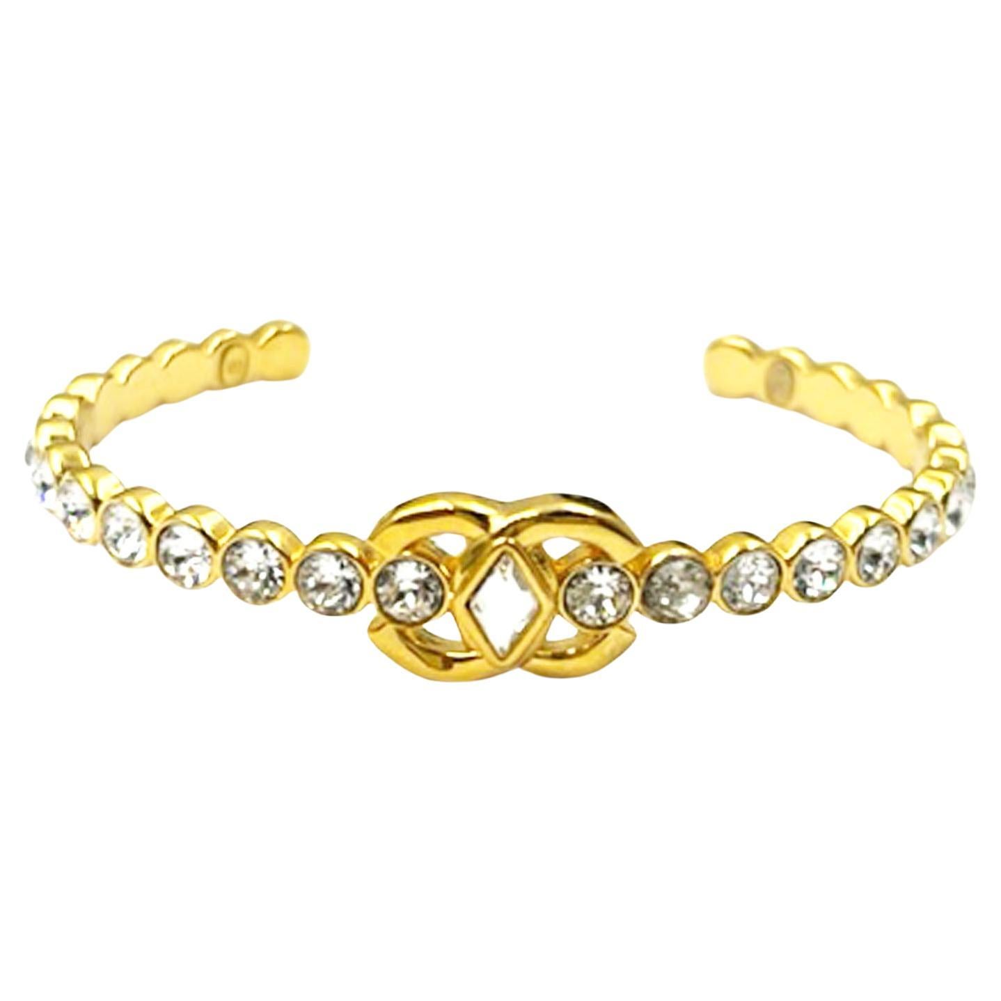 Chanel Gold Plated CC Marquise Round Crystal Cuff Bracelet   For Sale