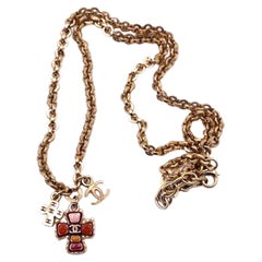 Chanel Gold Plated CC Red Resin Cross Charms Pendant Necklace