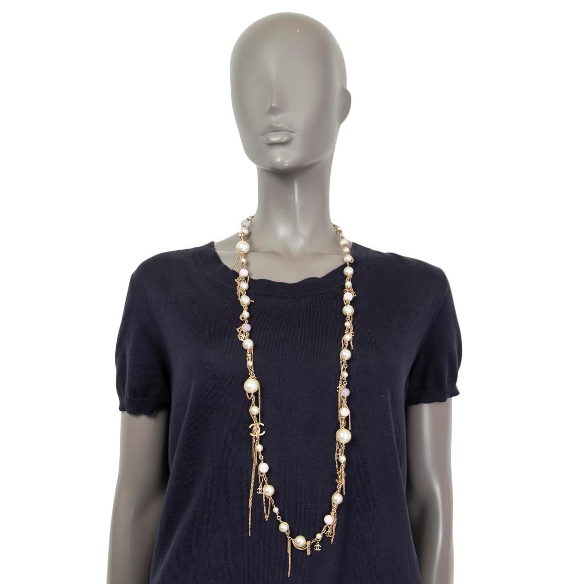 CHANEL gold plated CHAIN & PINK GLASS BEADS & FAUX PEARL Necklace 1