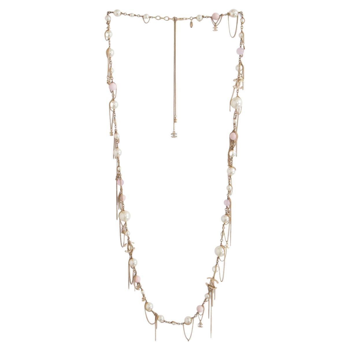 CHANEL gold plated CHAIN & PINK GLASS BEADS & FAUX PEARL Necklace