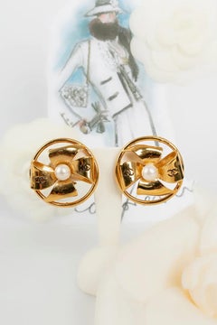 Chanel Gold-Plated Earrings Centered with a Pearly Cabochon
