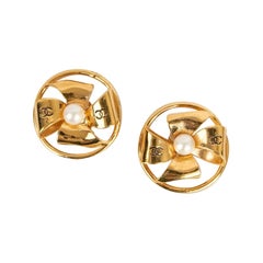 Chanel Gold-Plated Earrings Centered with a Pearly Cabochon