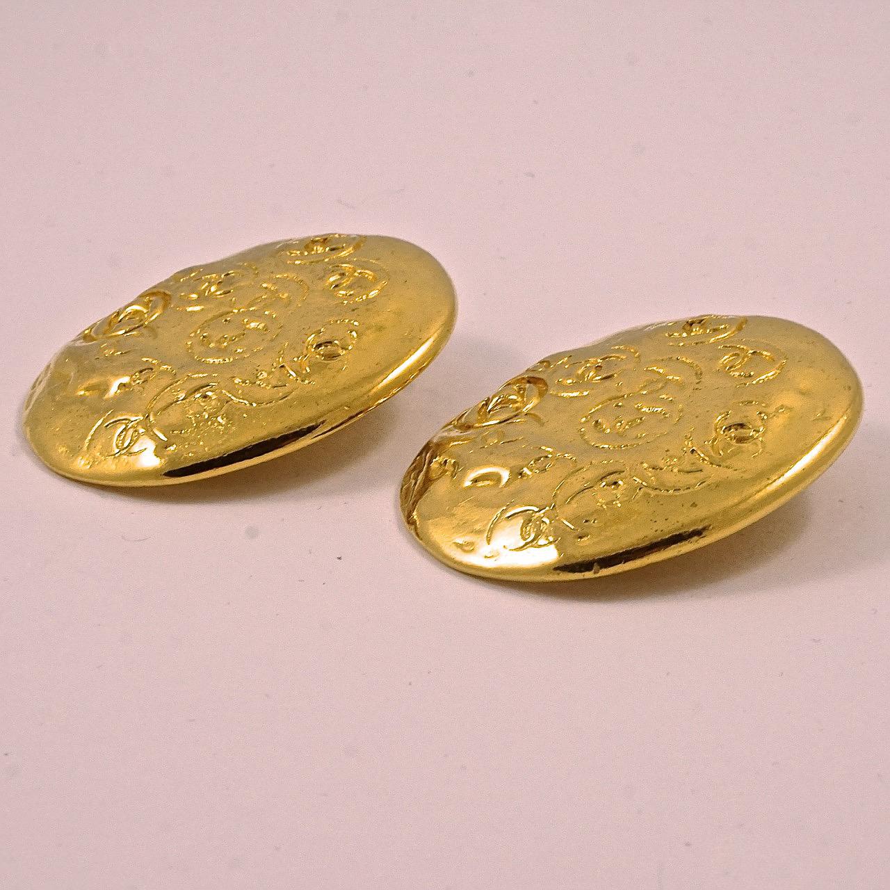 Women's or Men's Chanel Gold Plated Logo Clip On Earrings 1990s For Sale