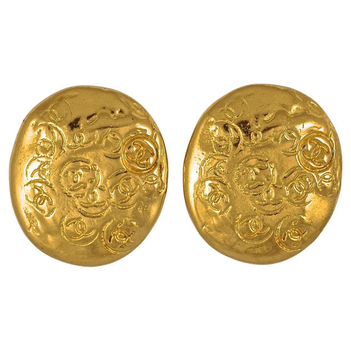 Chanel Gold Plated Logo Clip On Earrings 1990s For Sale