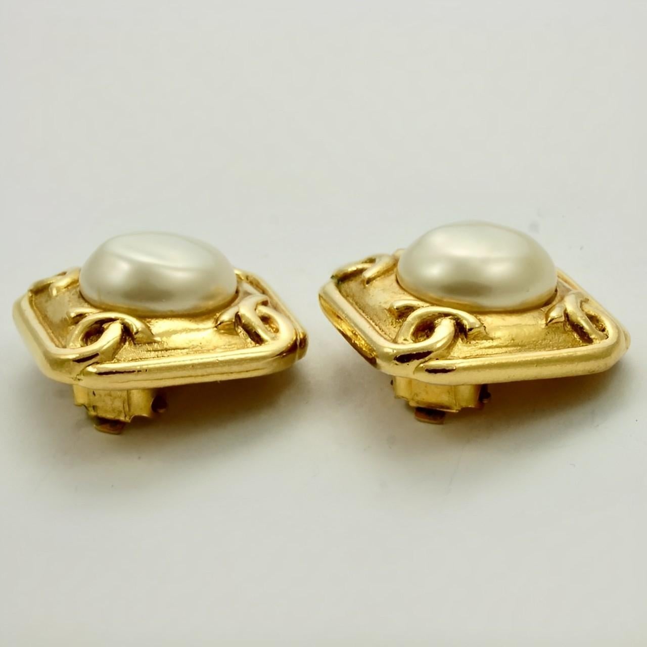 Chanel Gold Plated Logo Faux Pearl Clip On Earrings circa 1980s. 2