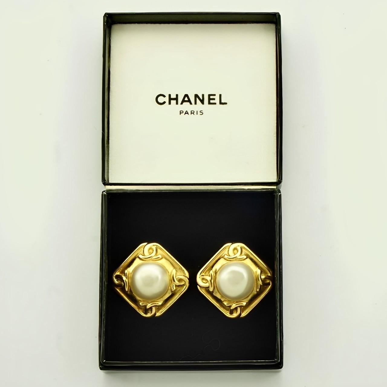 Chanel Gold Plated Logo Faux Pearl Clip On Earrings circa 1980s. 3