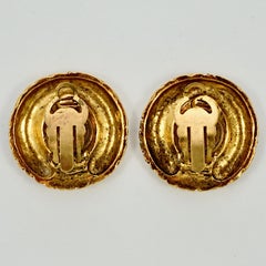 Chanel Gold Plated Logo Ridged Clip On Earrings 1970s