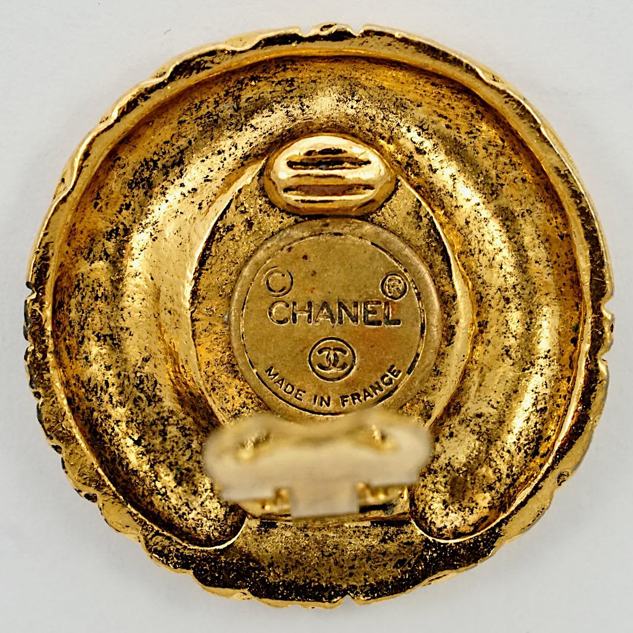 Women's or Men's Chanel Gold Plated Logo Ridged Clip On Earrings 1970s For Sale