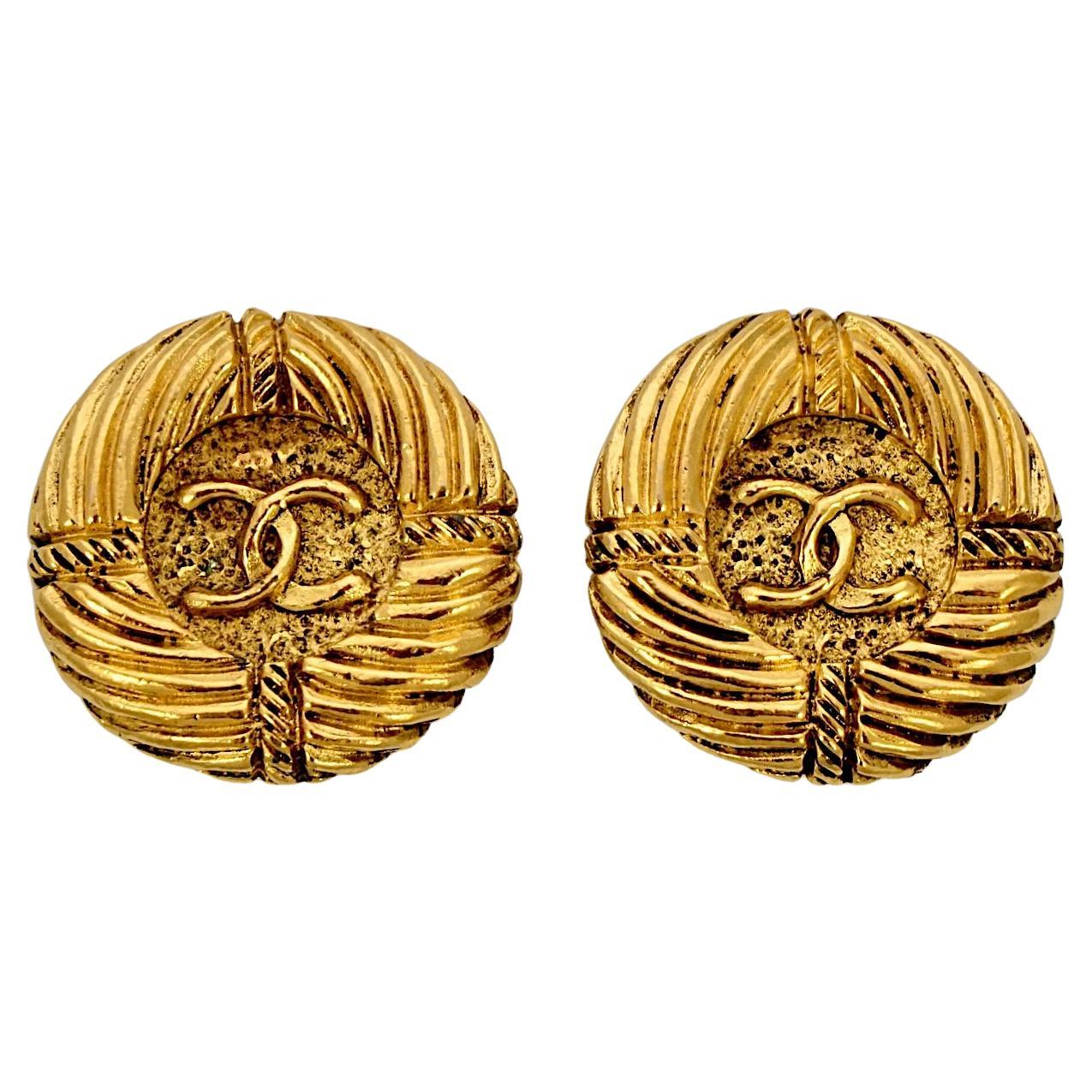 Chanel Gold Plated Logo Ridged Clip On Earrings 1970s For Sale