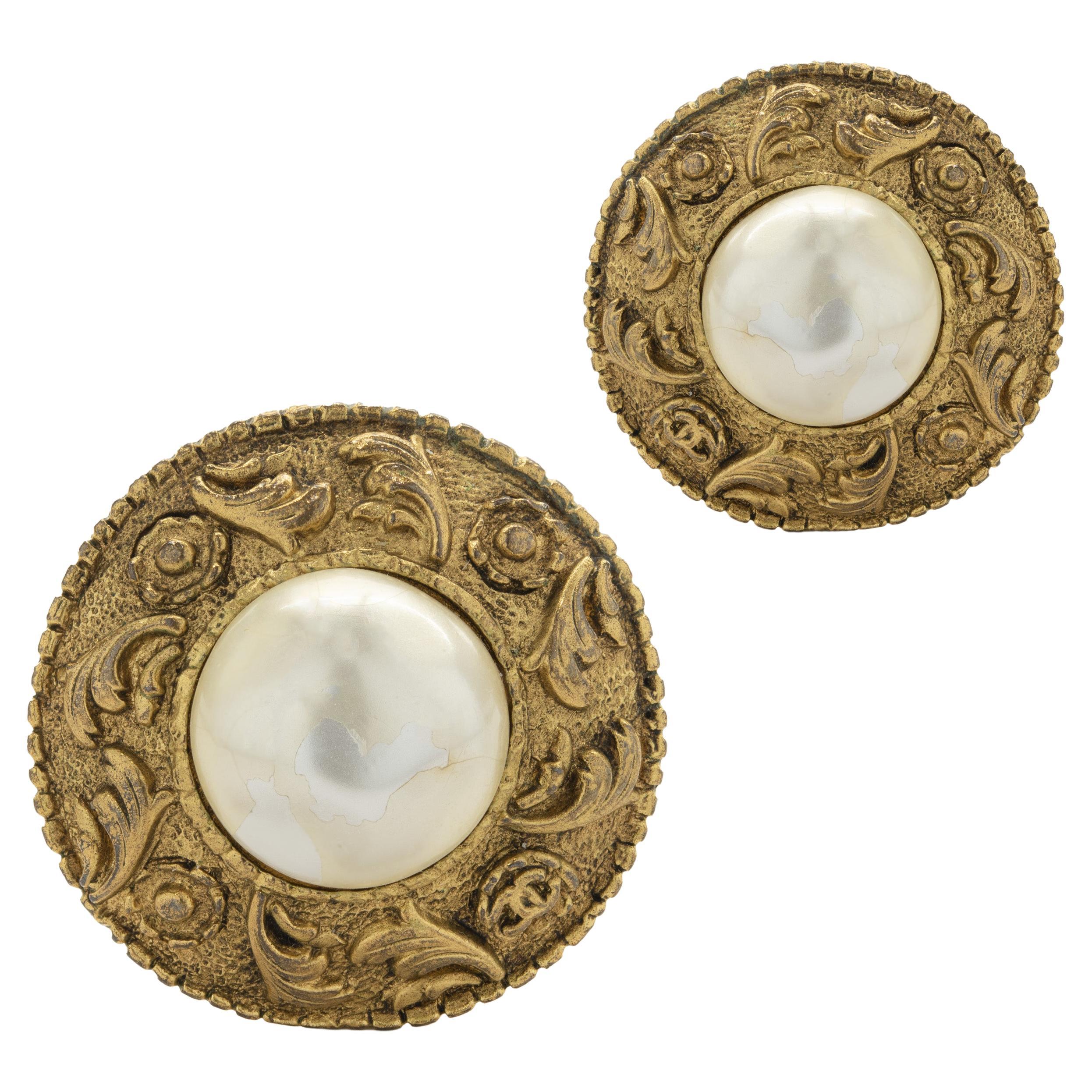Chanel Gold Plated Mabe Pearl Disc Earrings
