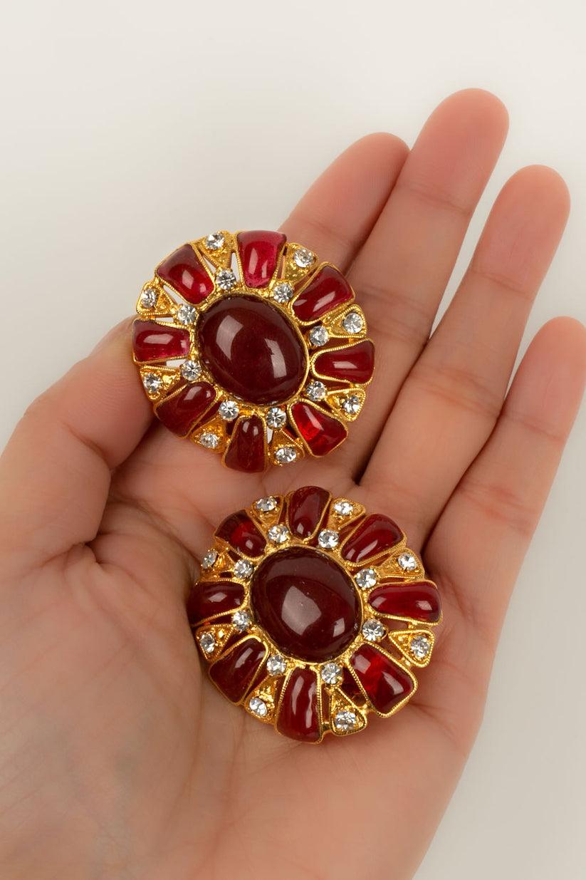 Chanel Gold Plated Metal and Red Glass Paste Clip Earrings For Sale 3