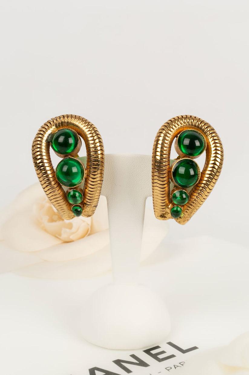 Chanel Gold Plated Metal Earrings with Glass Paste Cabochons For Sale 3