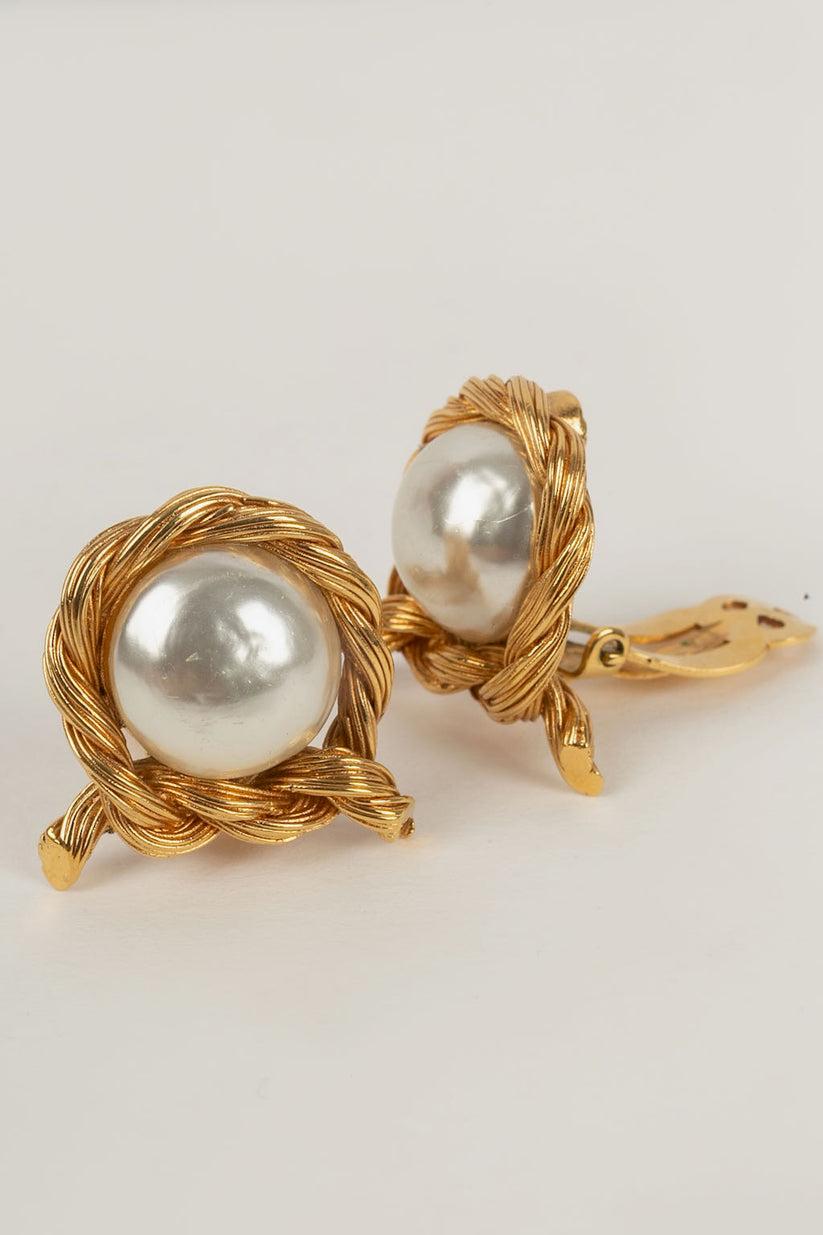 Women's Chanel Gold-Plated Metal & Pearl Clip Earrings  For Sale