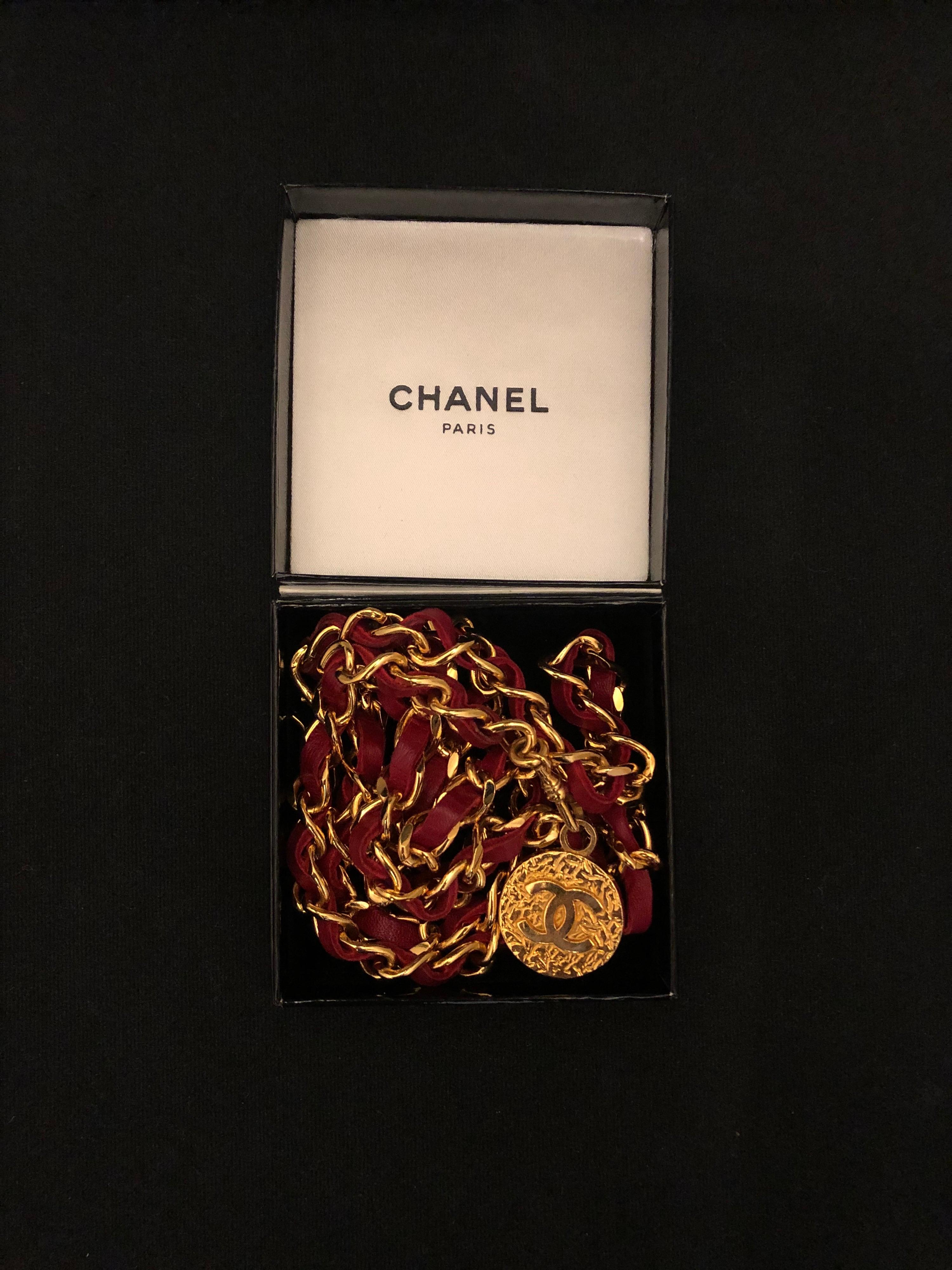 Brown CHANEL Gold Plated Red Leather Chain Belt Necklace
