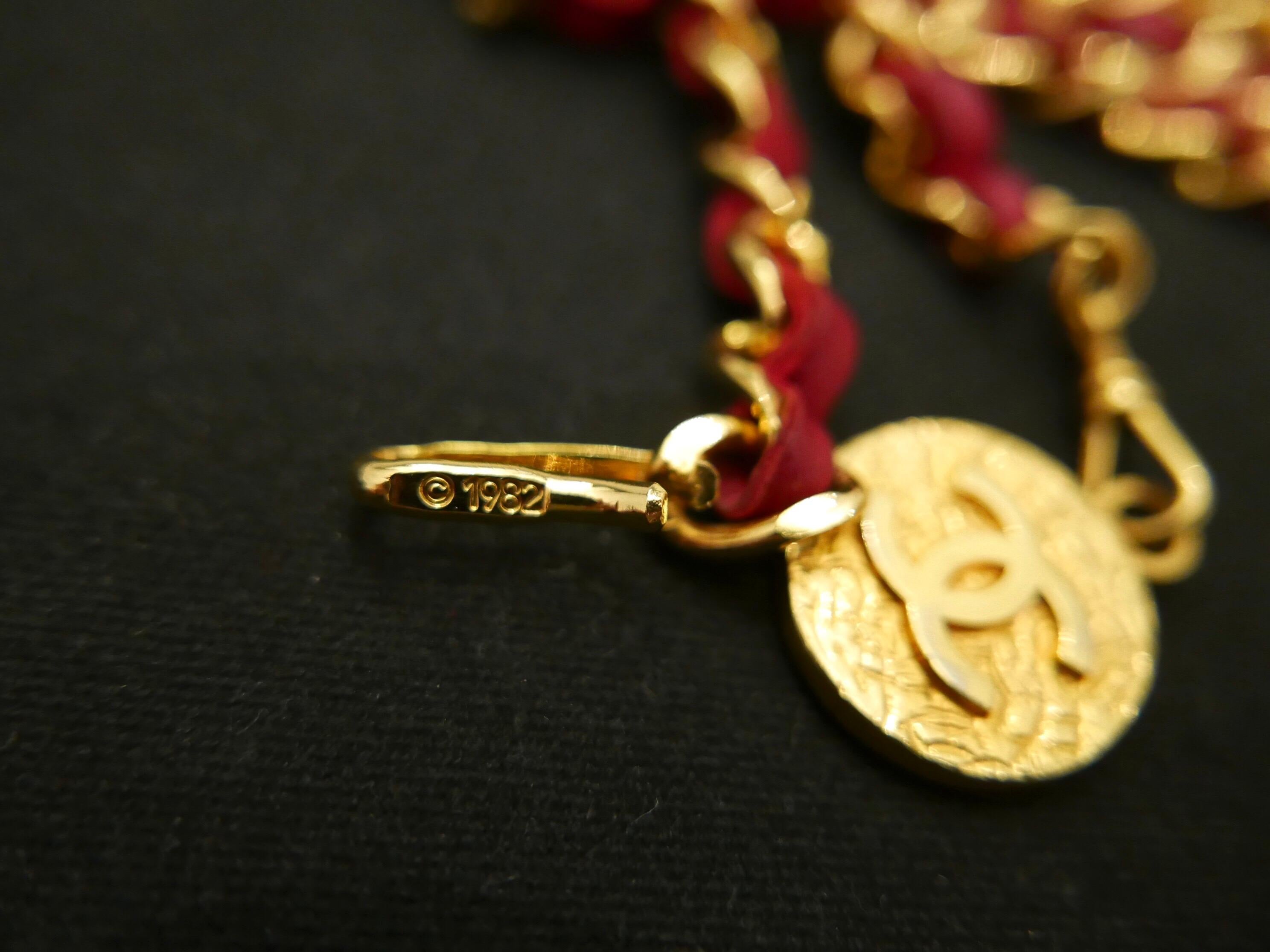 CHANEL Gold Plated Red Leather Chain Belt Necklace 2