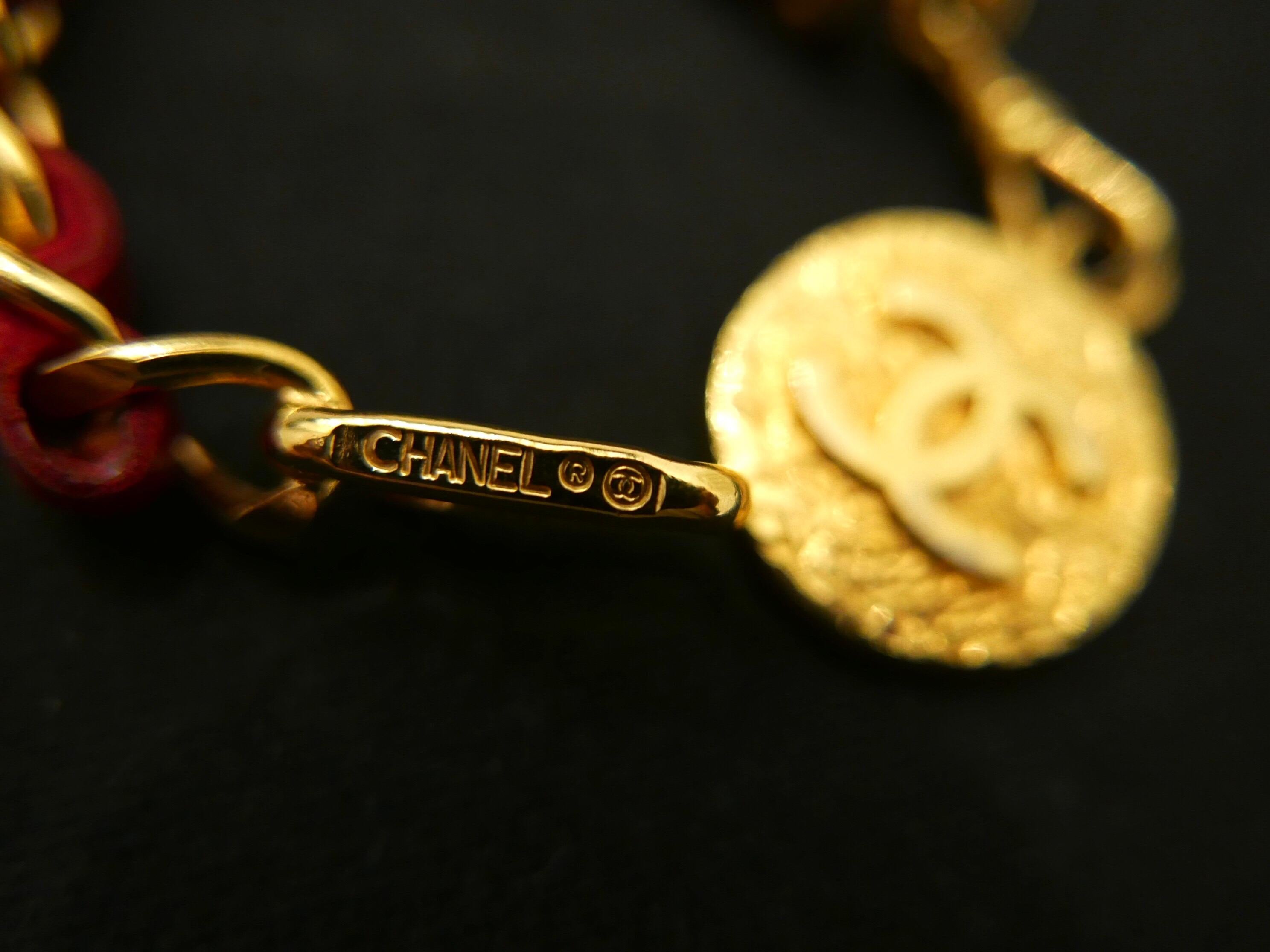 CHANEL Gold Plated Red Leather Chain Belt Necklace 3