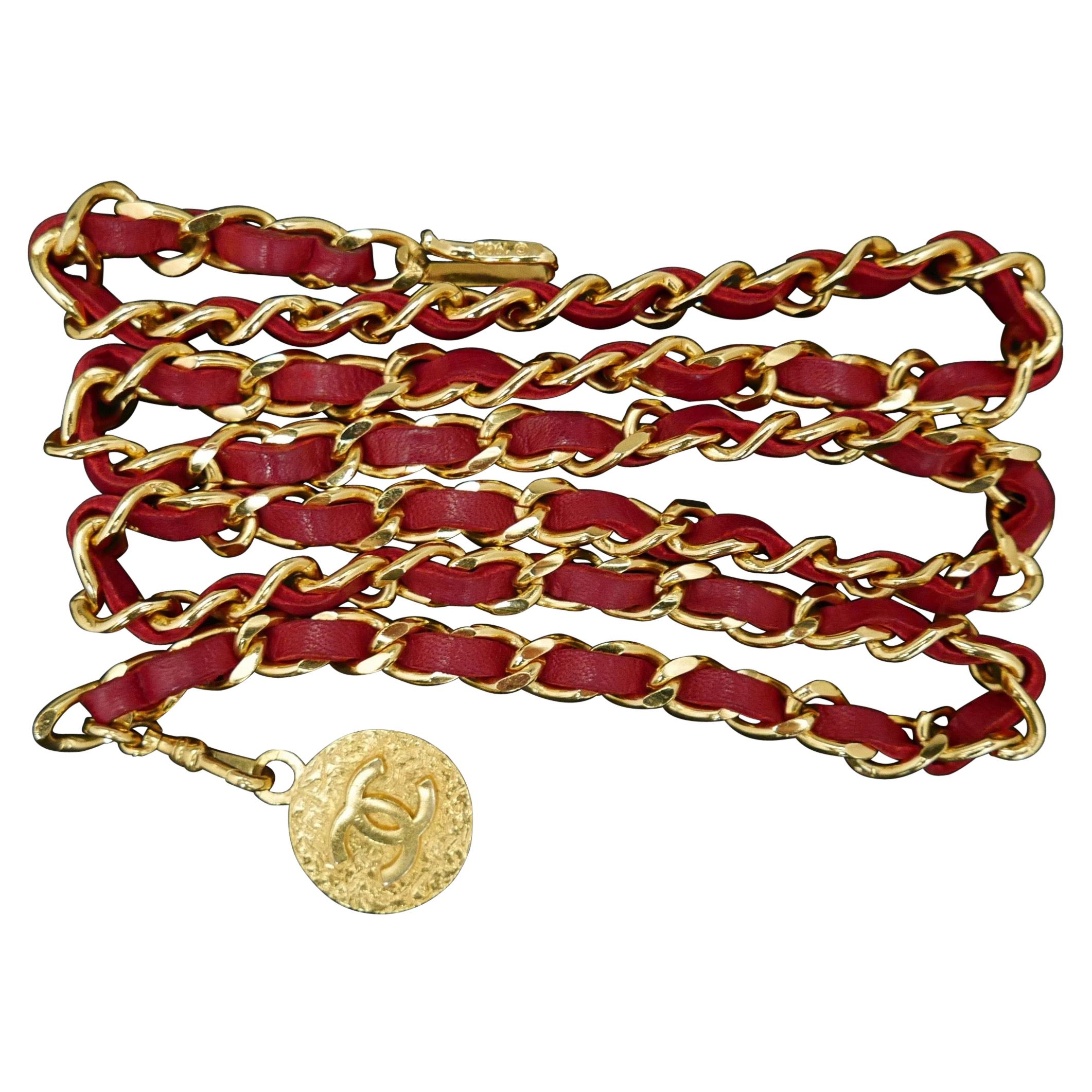 CHANEL Gold Plated Red Leather Chain Belt Necklace