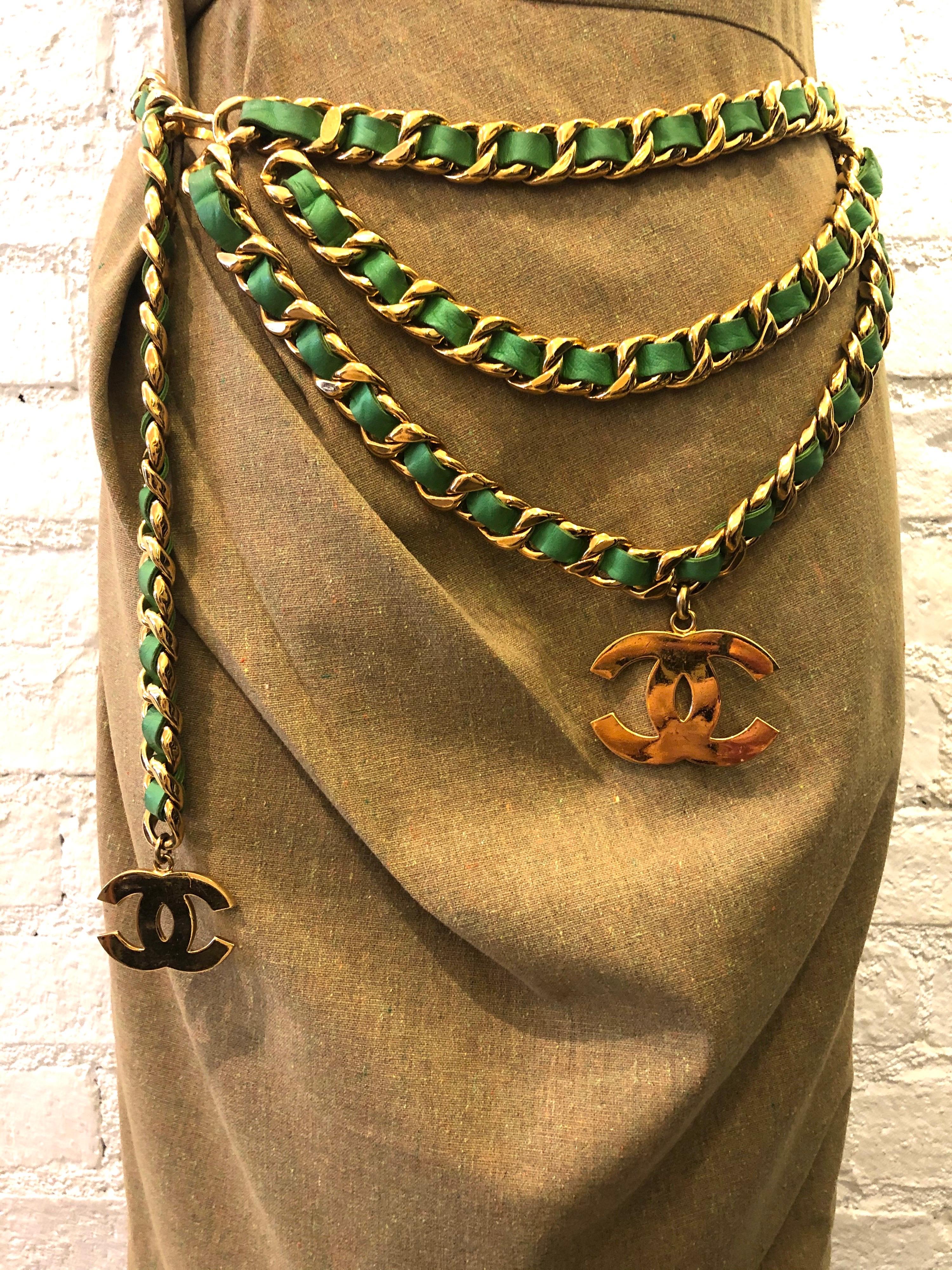CHANEL Gold Plated Triple Green Leather Chain Belt Necklace 2